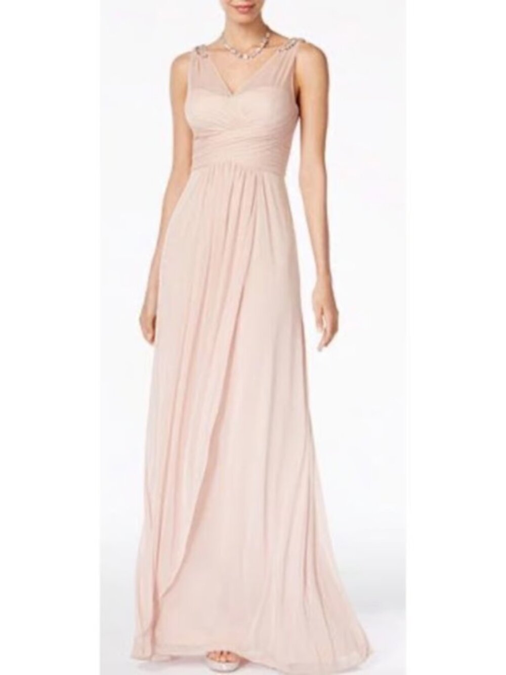 Adrianna Papell | Blush Pink Chiffon Dress Gown Jewel Encrusted Shoulders Sz 2